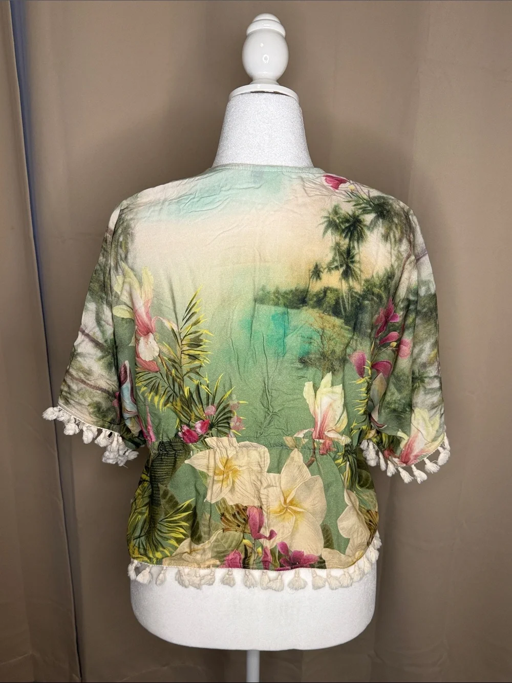 FARM RIO Tropical Floral Tie-Front Kimono with Tassel Trim - Picture 2 of 2
